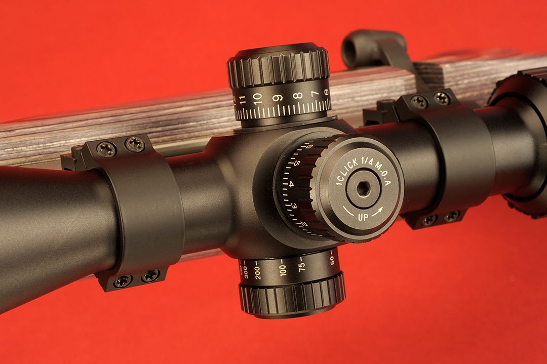 For the varmint or target shooter, the Bushnell Rimfire Optic rates a 10+ in Trzoniec’s book. Set for click stops relating to one-quarter minute of angle steps, the windage adjustment at the top, elevation in the middle and focus knob at the bottom.